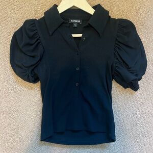 Express Black Button-Up Puff Sleeve Blouse